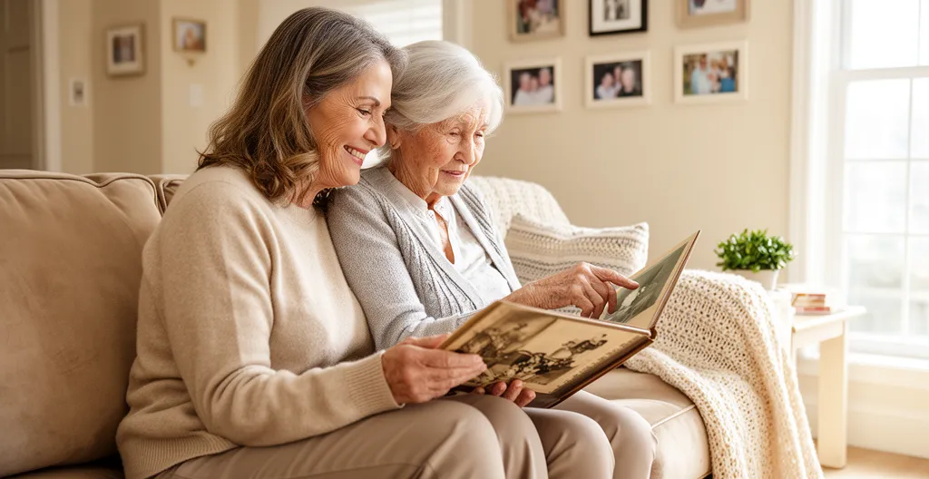Femme adulte rendant visite à sa mère dans son appartement de résidence senior