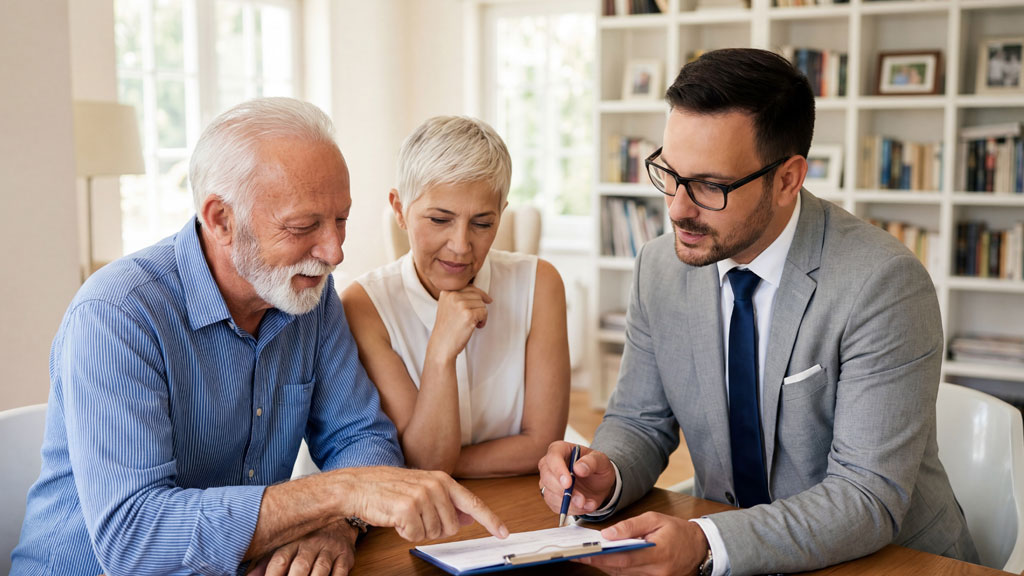 Famille consultant des documents sur le choix d'EHPAD dans un salon lumineux
