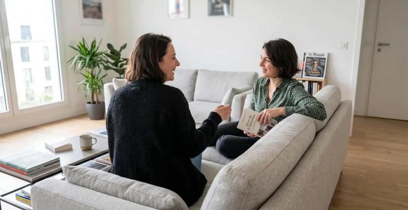 Une femme d'une cinquantaine d'années assise aux côtés d'une personne âgée sur un canapé moderne dans un salon lumineux, échangeant un regard complice