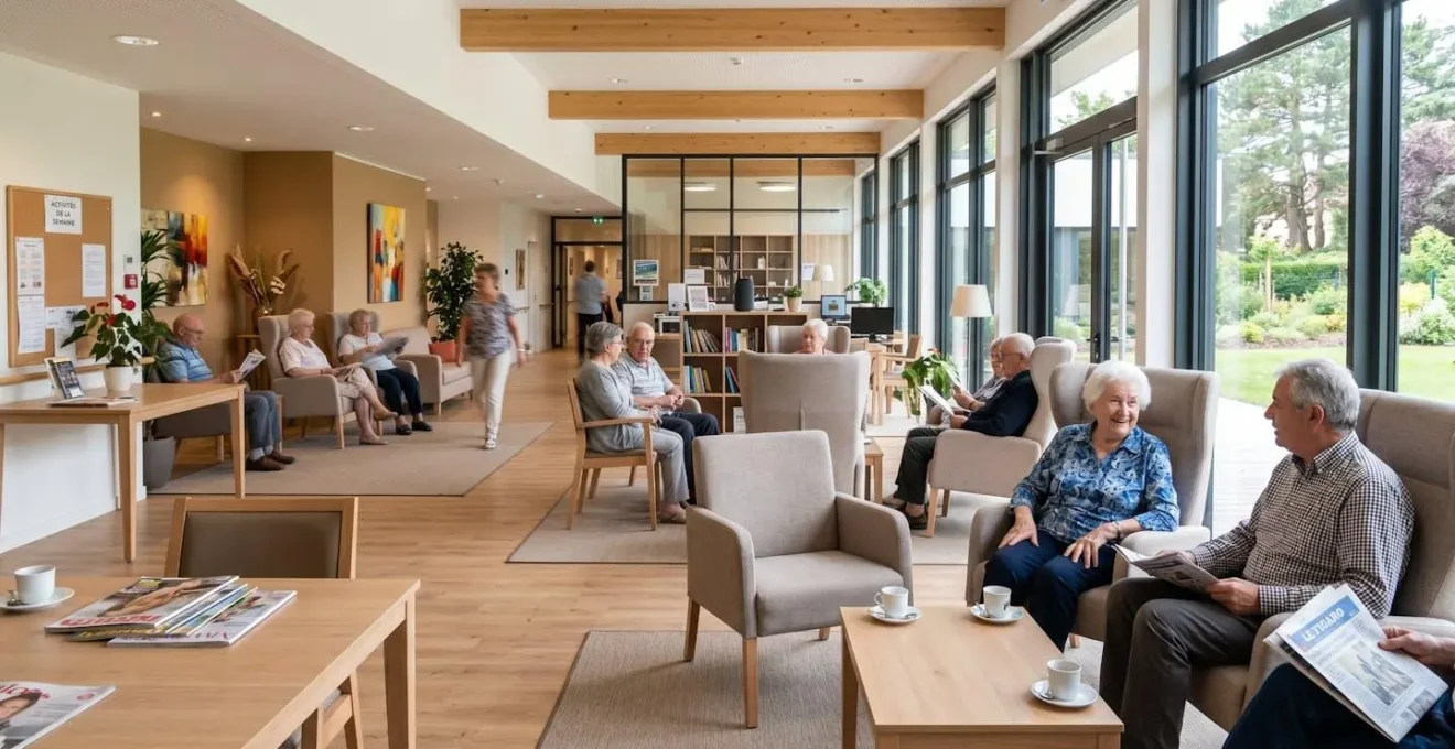 Vue grand angle d'un salon commun contemporain d'EHPAD avec de larges baies vitrées, des fauteuils confortables et une décoration sobre et lumineuse