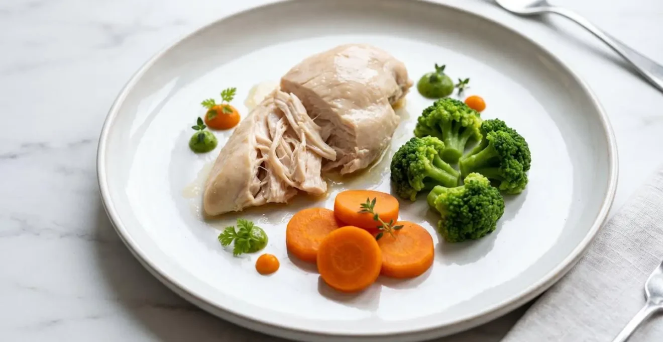 Assiette de repas à texture modifiée avec légumes moulés et protéines tendres