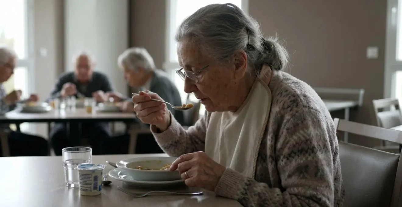 Résidente senior de profil mangeant avec attention son repas en EHPAD