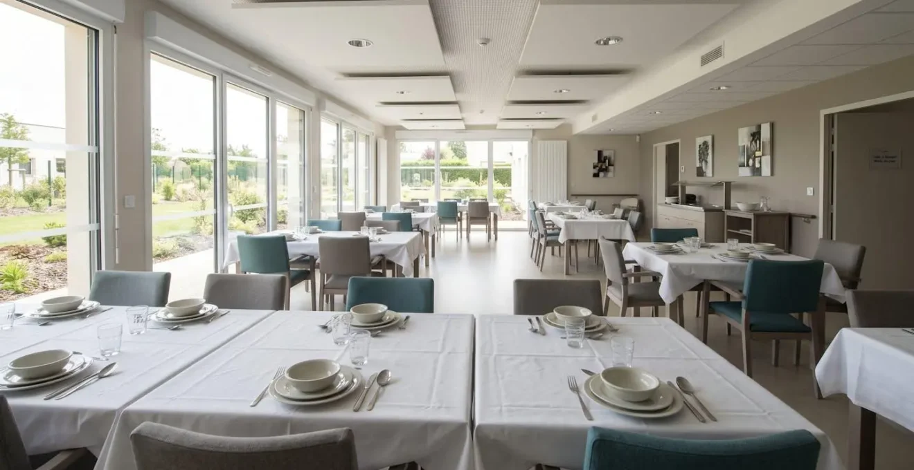 Salle à manger lumineuse d'un EHPAD avec tables dressées et nappes blanches