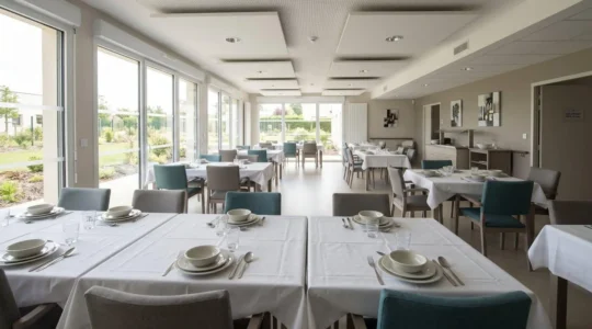Salle à manger lumineuse d'un EHPAD avec tables dressées et nappes blanches