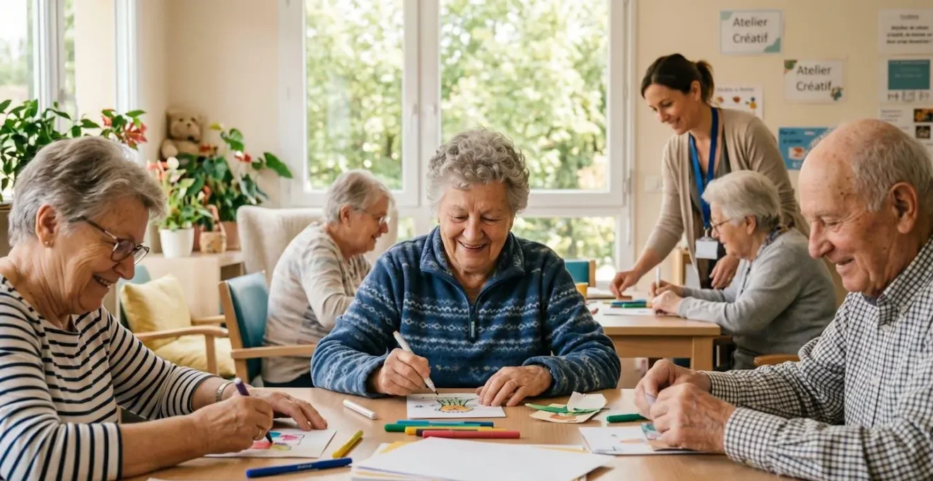 Une femme senior souriante participe à une activité collective encadrée dans une salle d'accueil de jour lumineuse et chaleureuse, entourée d'autres personnes âgées.