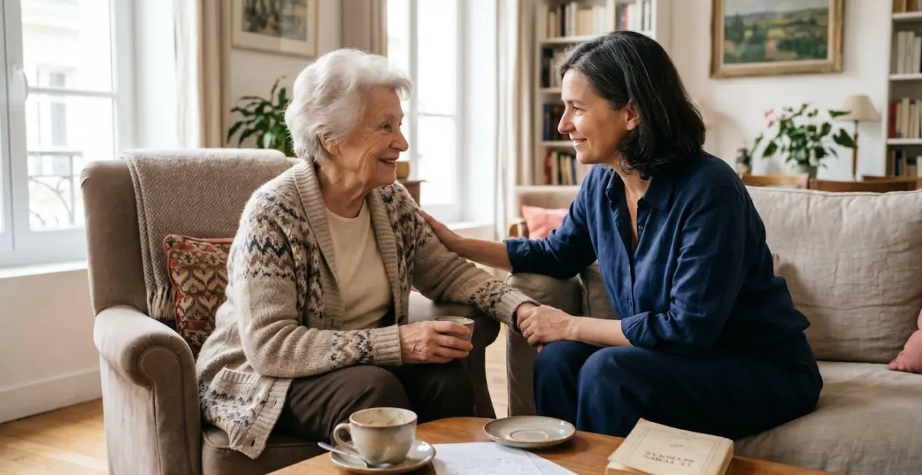 Une femme senior assise dans son salon en conversation bienveillante avec sa fille adulte, lumière naturelle douce, ambiance sereine et rassurante.