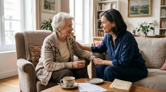 Une femme senior assise dans son salon en conversation bienveillante avec sa fille adulte, lumière naturelle douce, ambiance sereine et rassurante.