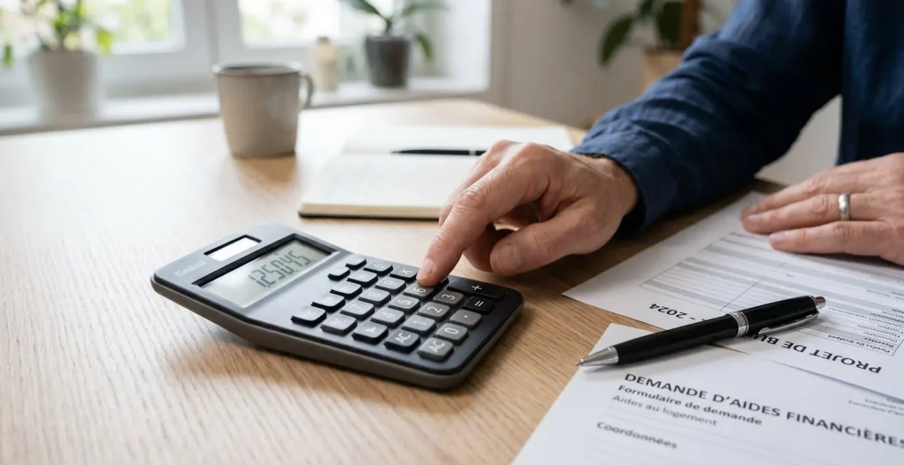 Une main adulte utilise une calculatrice sur un bureau avec des documents budgétaires, dans un contexte de planification financière sereine.